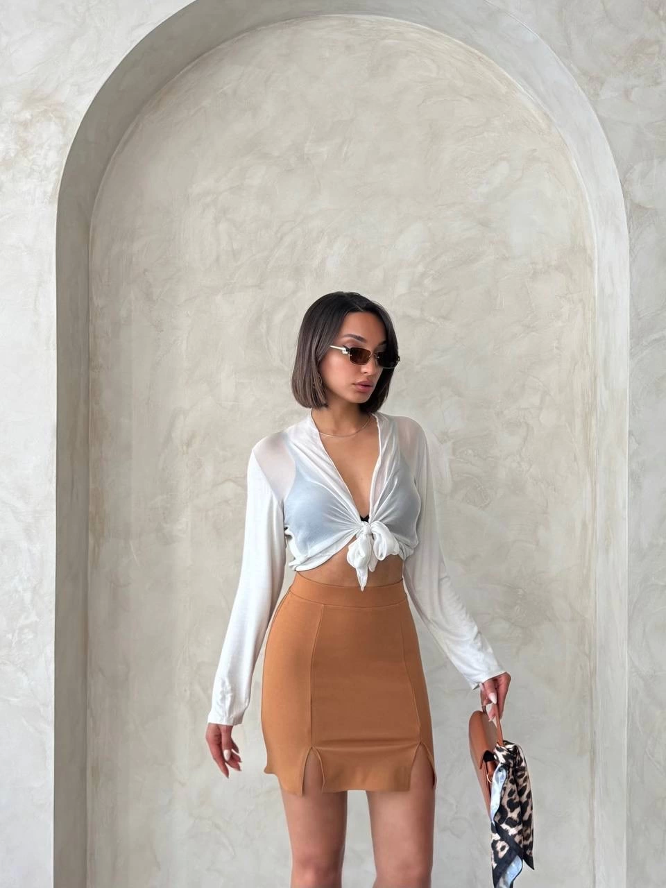 Çift yırtmaçlı etek camel s25910