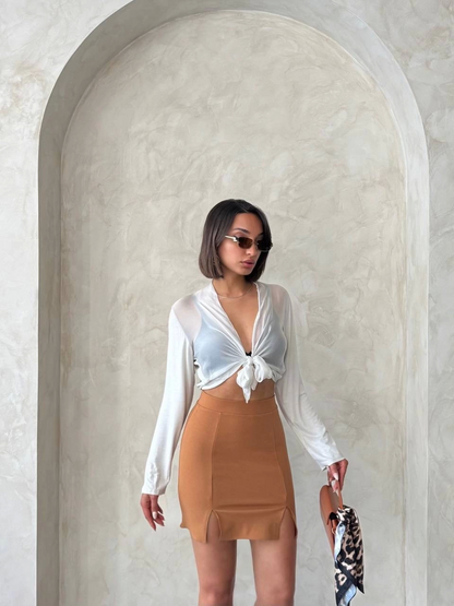 Çift yırtmaçlı etek camel s25910