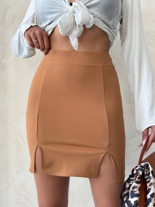 Çift yırtmaçlı etek camel s25910