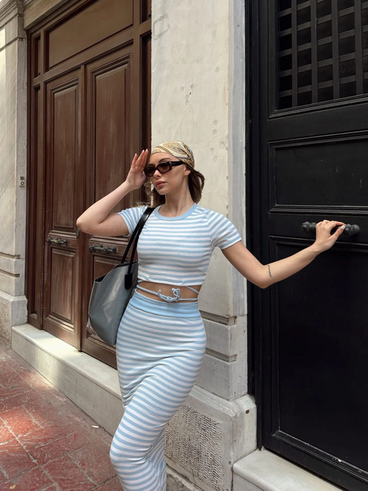 Çizgili etekli takım mavi s3609