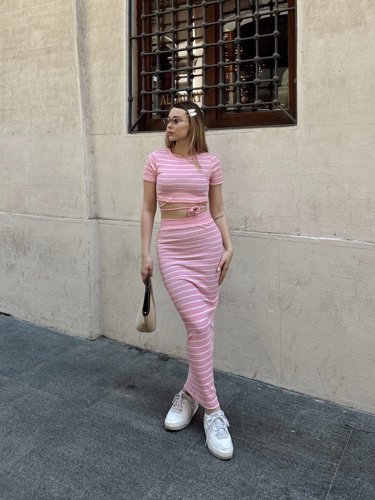 Çizgili etekli takım pembe s3609