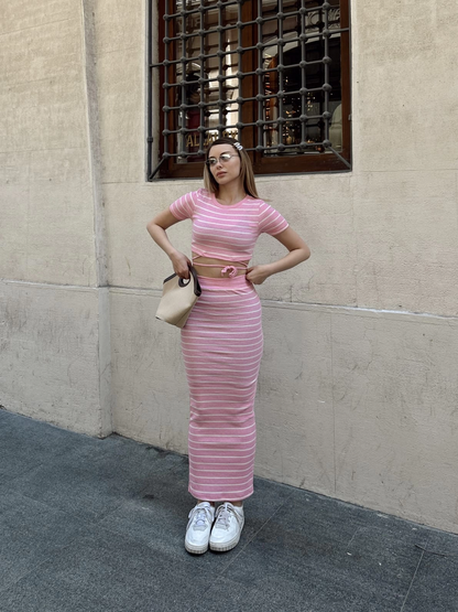 Çizgili etekli takım pembe s3609