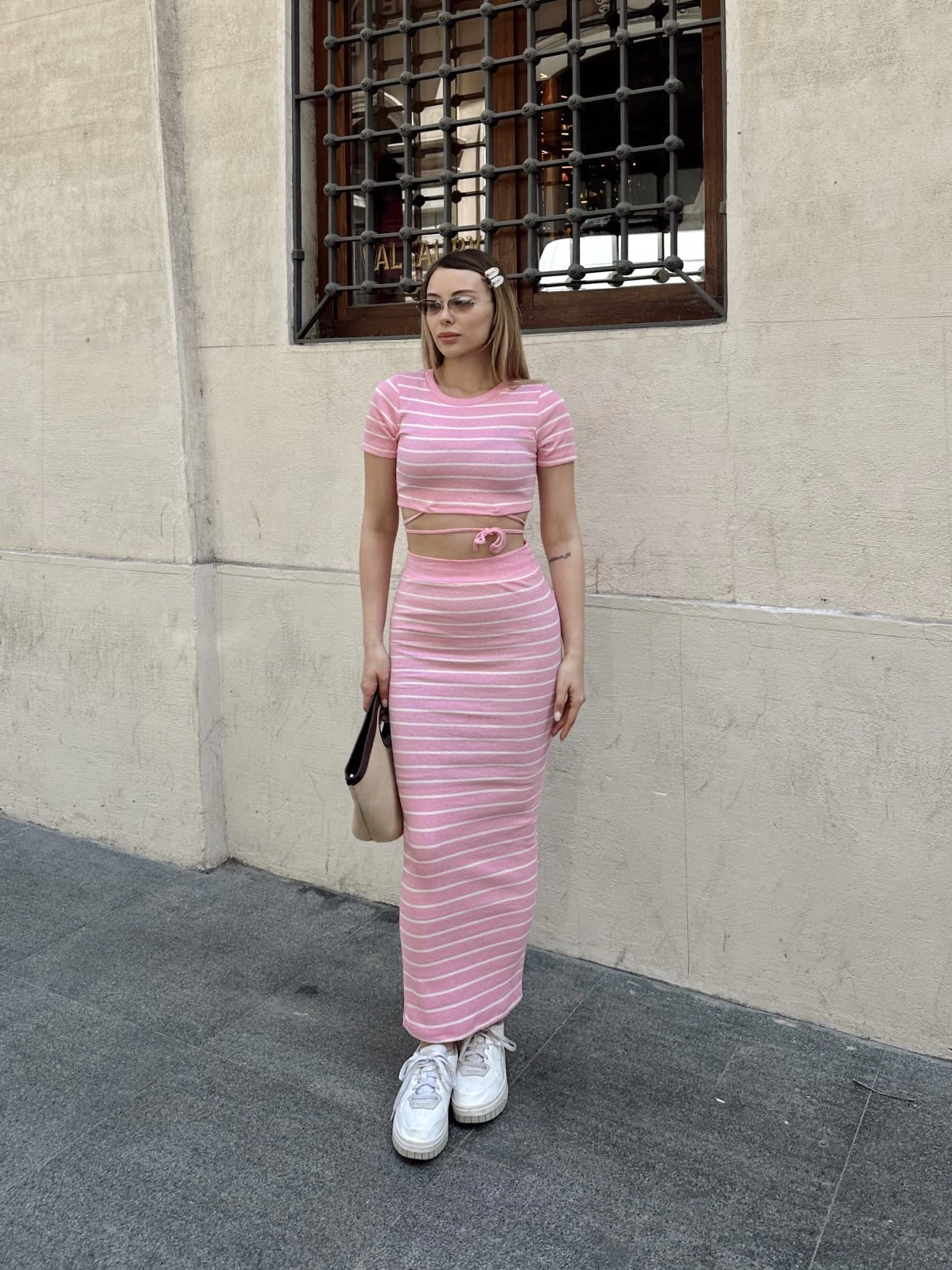 Çizgili etekli takım pembe s3609