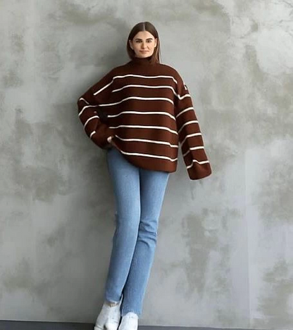 Çizgili ispanyol kol triko boğazlı kahve beyaz elf