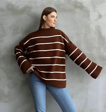 Çizgili ispanyol kol triko boğazlı kahve beyaz elf