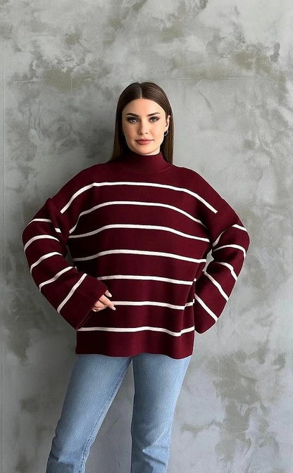 Çizgili ispanyol kol triko boğazlı kazak bordo elf