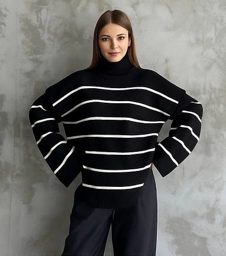 Çizgili ispanyol kol triko boğazlı kazak siyah elf