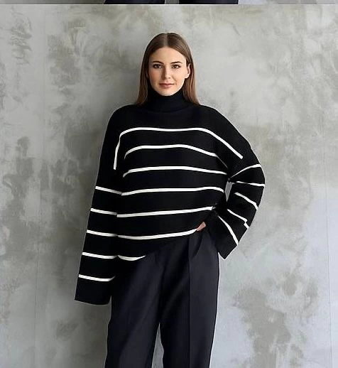 Çizgili ispanyol kol triko boğazlı kazak siyah elf