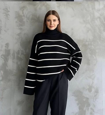 Çizgili ispanyol kol triko boğazlı kazak siyah elf