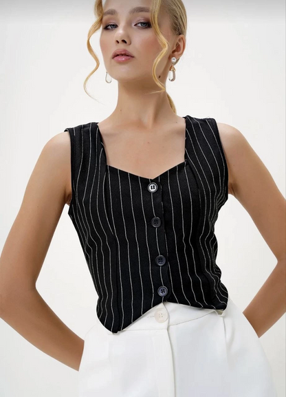Çizgili krep düğmeli yelek siyah s3395