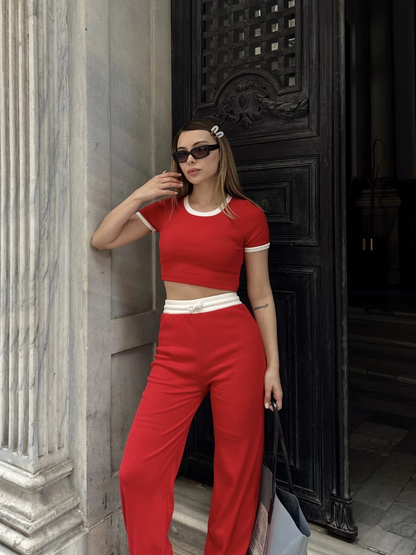 Crop pantolon biyeli takım kırmızı