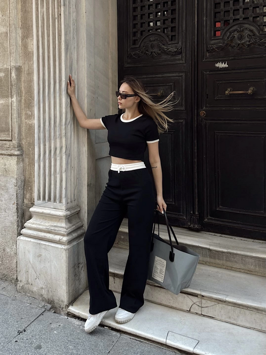 Crop pantolon biyeli takım siyah