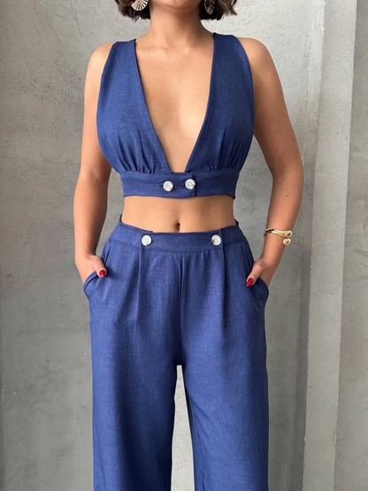 Crop pantolon keten takım s255012