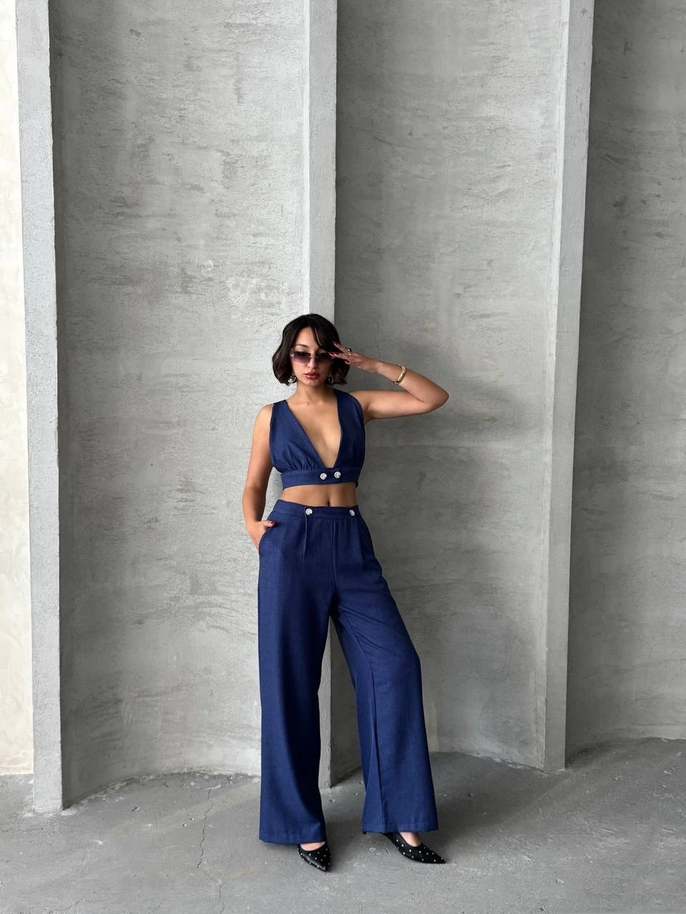 Crop pantolon keten takım s255012