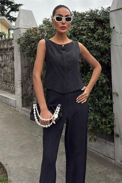 Sıfır Kollu Bluz Batik Desenli Pantolon İkili Takım 10181-08