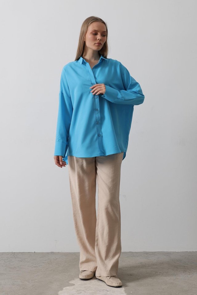 Geniş Manşet Detaylı Gömlek - Turkuaz