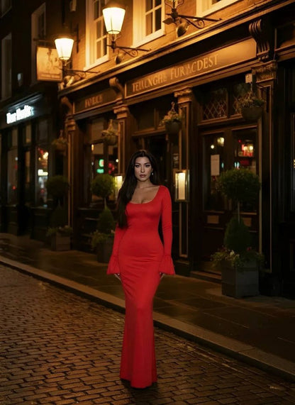 Kadın Uzun Kollu Kare Yaka Volanlı Manşet Detay Maxi Boy Elbise