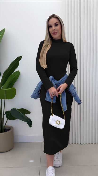 Kadın Uzun Kollu Balıkçı Yakalı Yanlardan Yırtmaçlı Kaşkorse Maxi Elbise