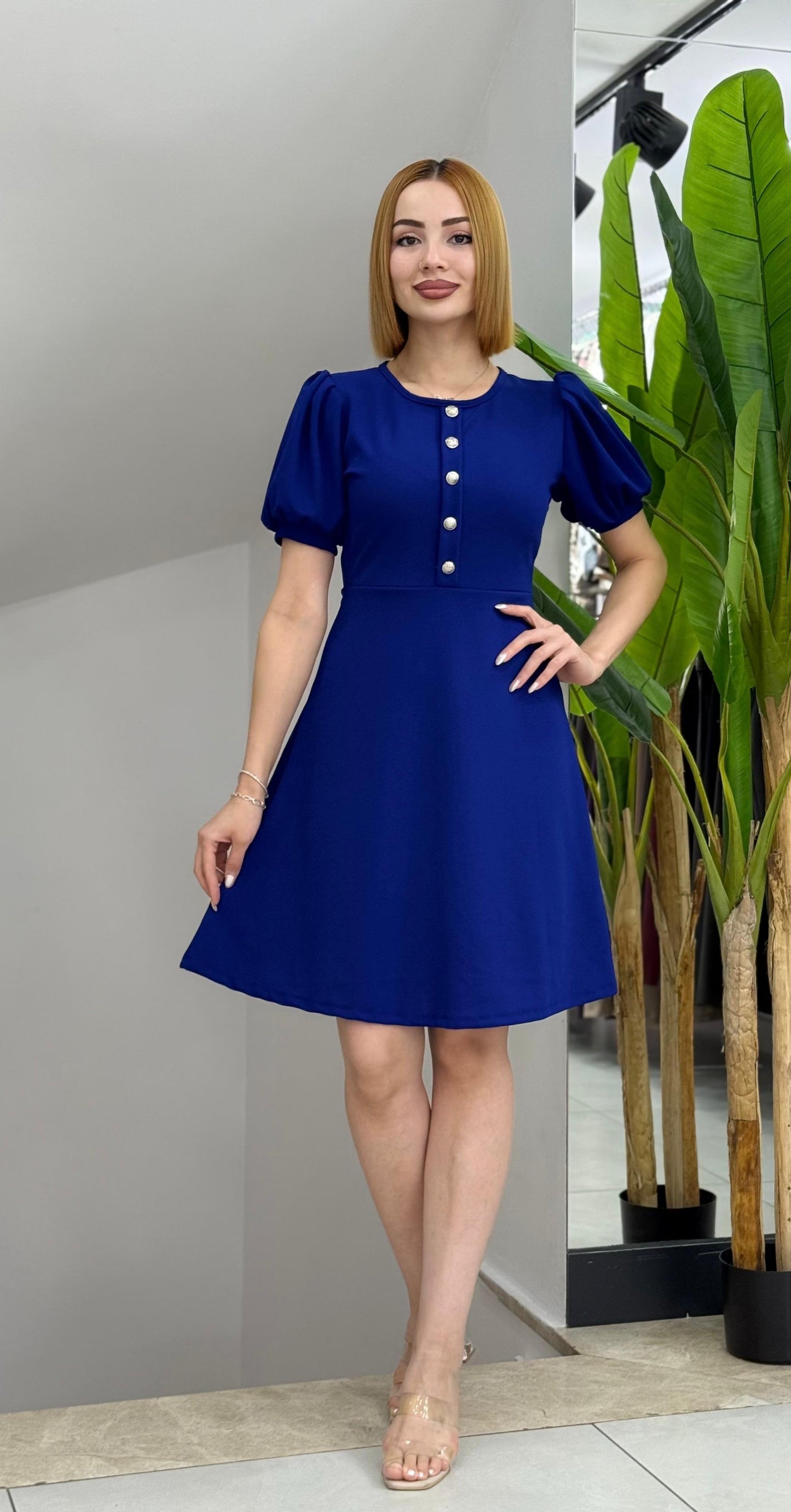 Kadın Kısa Kollu Bisiklet Yaka önden Düğmeli Ithal Krep Elbise