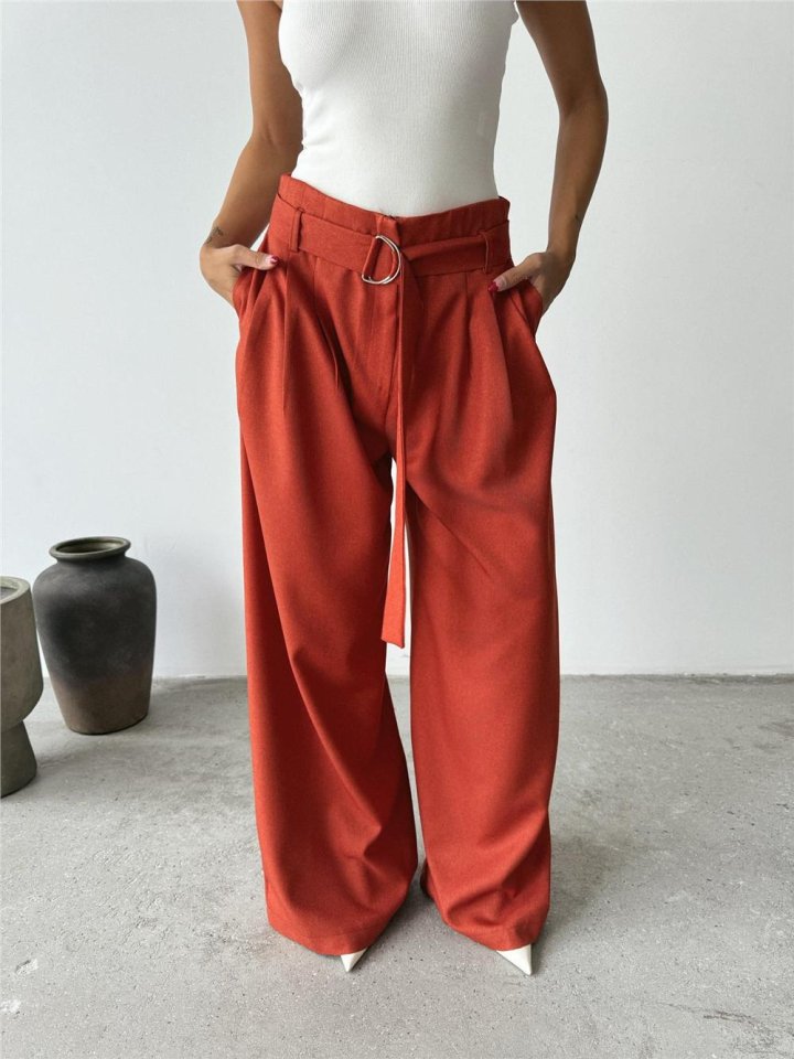 PALAZZO PANTOLON KUMAŞ KEMER DETAYLI - Kiremit