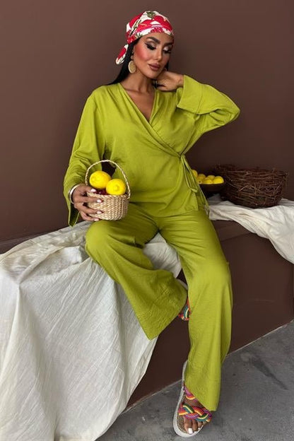 Kruvaze Model Klasik Pantolonlu Çupra Keten Takım 10191