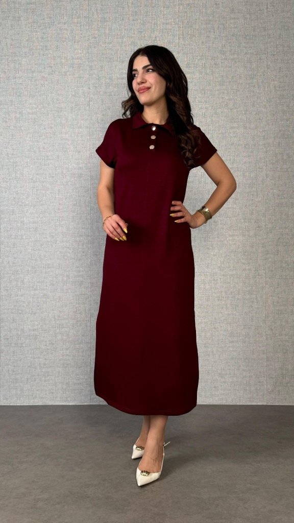 Kadın Kısa Kollu Yakalı Yandan Yırtmaçlı Viskon Iki Iplik Elbise