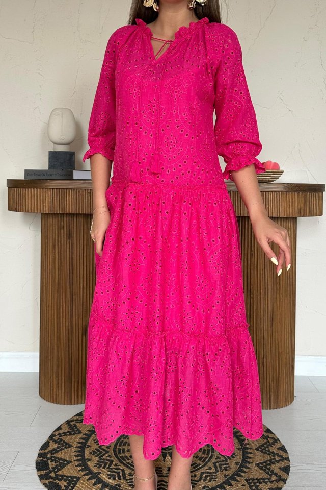Fuşya Dantelli New Elbise