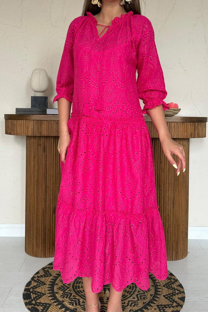 Fuşya Dantelli New Elbise
