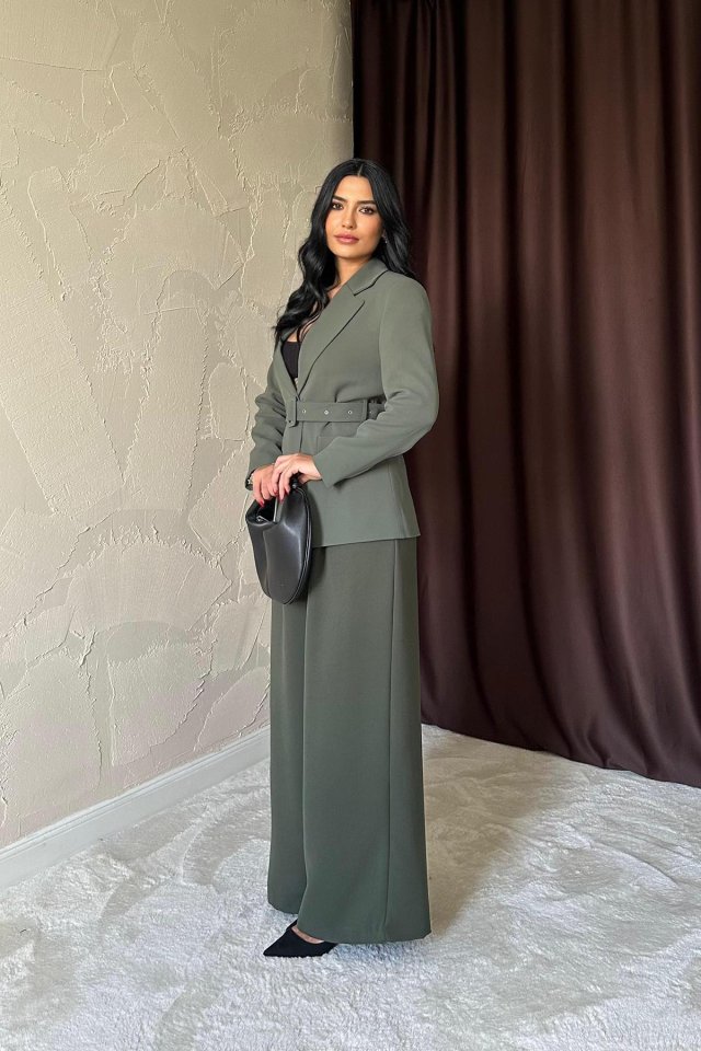 Haki Cep Kapaklı Ve Kemerli Ceket