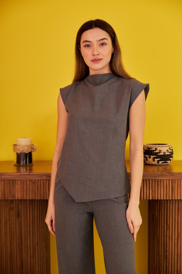 Gri Sıfır Kol Düğmeli Gömlek Takım