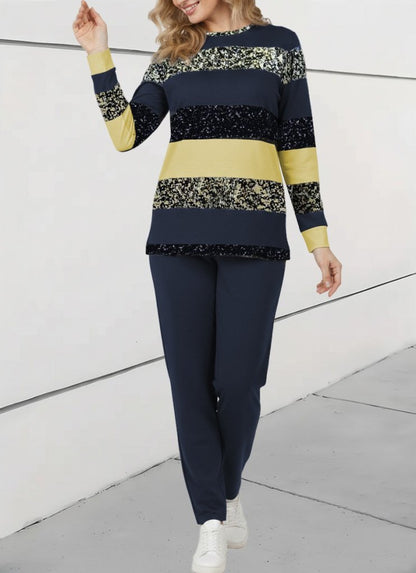Kadın Uzun Kollu Bisiklet Yaka çizgili Desen Iki Iplik Bluz Ve Pantolon Ikili Takım