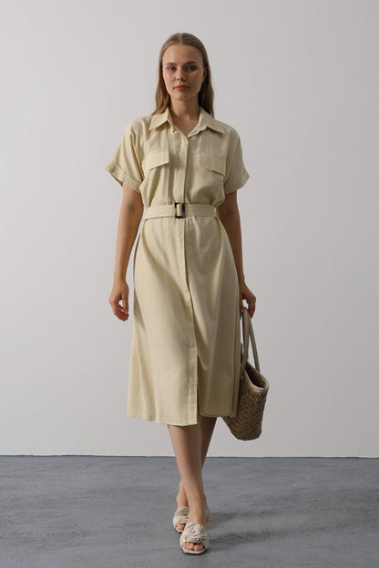 Kuşaklı Cep Detaylı Yarım Kol Elbise - Ekru