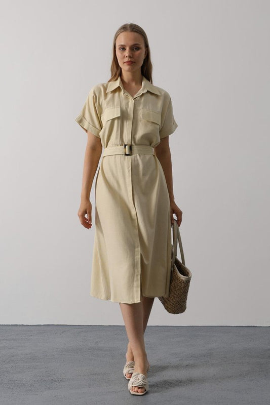 Kuşaklı Cep Detaylı Yarım Kol Elbise - Ekru