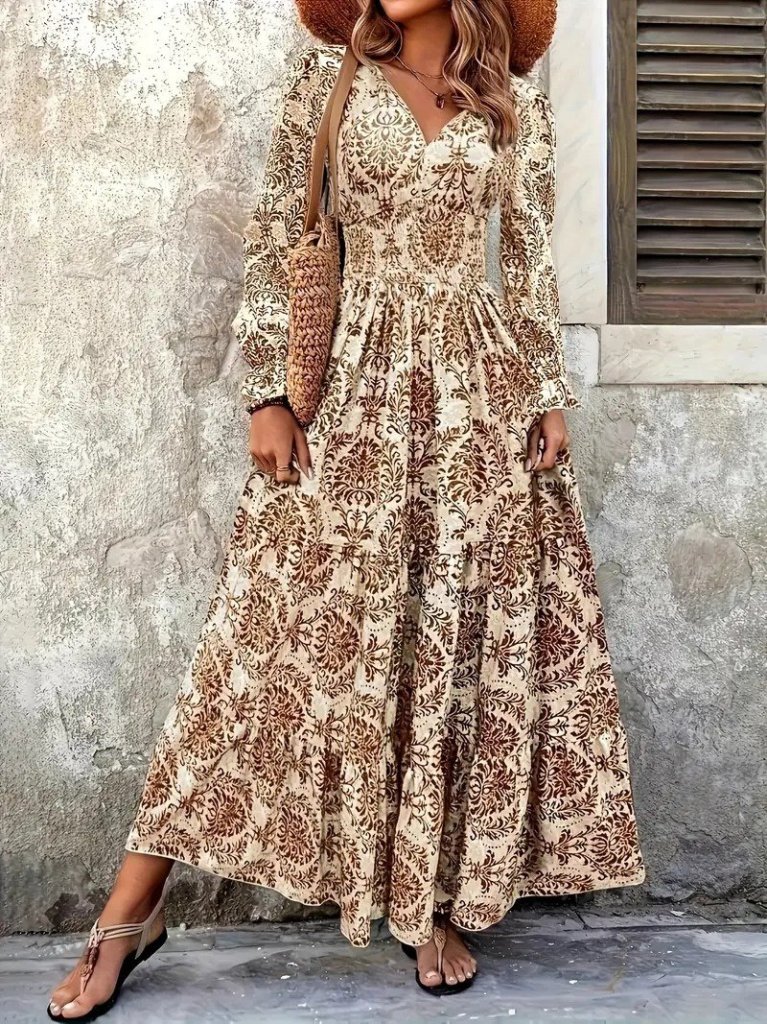 Kadın Uzun Kollu V Yakalı Desenli Süprem Elbise