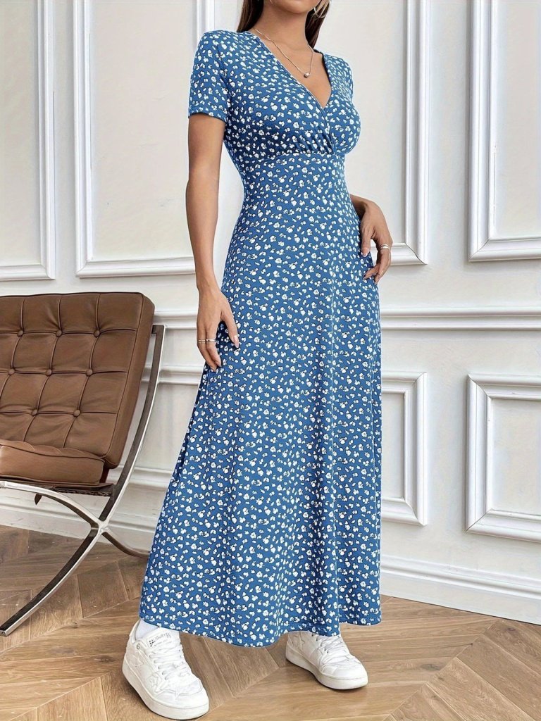 Kadın Kısa Kollu Kruvaze Yakalı çiçek Desenli Süprem Elbise