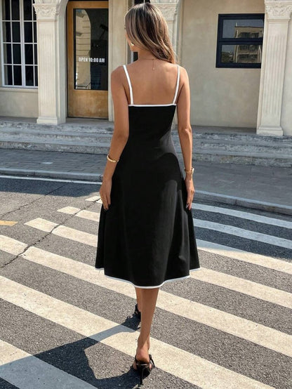 Kadın Ip Askılı Geniş V Yakalı Midi Janjan Krep Elbise