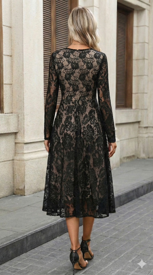 Kadın Uzun Kollu Bisiklet Yaka Dantelli Astarlı Midi Elbise