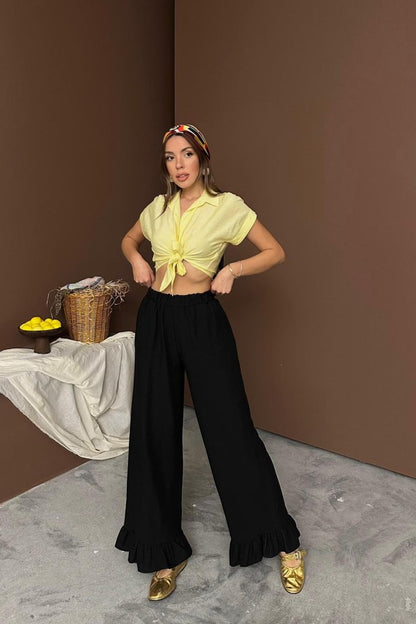 Siyah Paçası Fırfırlı Keten Pantolon