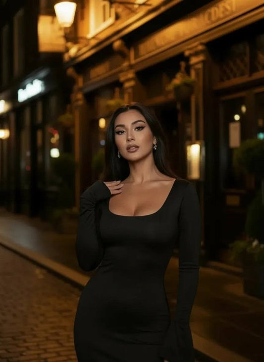 Kadın Uzun Kollu Kare Yaka Volanlı Manşet Detay Maxi Boy Elbise