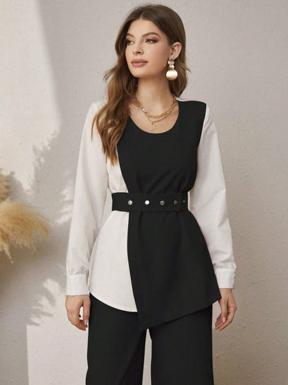 Kadın Uzun Kollu Açık Yakalı çift Renkli Kemerli Ithal Krep Ikili Takım