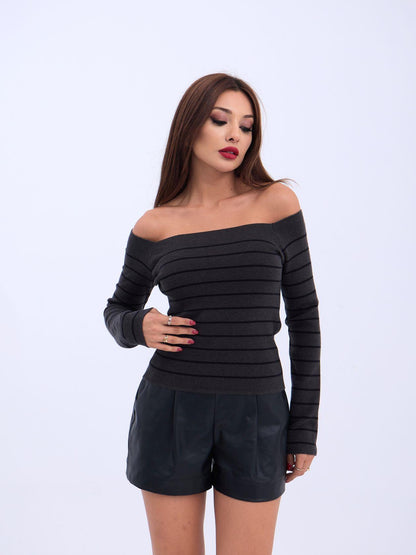 4206 TRİKO ÇİZGİLİ KAYIK YAKA CROP-ANTRASİT-SİYAH