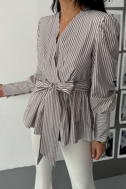 ÇİZGİLİ BAĞLAMA DETAYLI KRUVAZE POPLİN GÖMLEK - Kahverengi