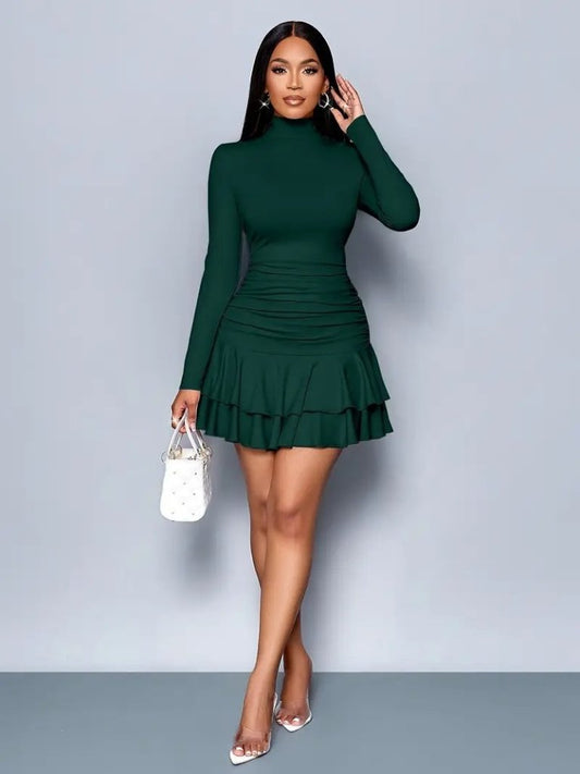 Kadın Uzun Kollu Balıkçı Yaka Mini Fırfırlı Sandy Elbise