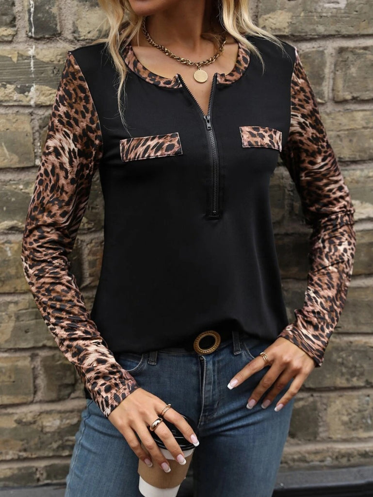 Kadın Uzun Kollu önden Fermuarlı Cepli Leopar Detaylı Viskon