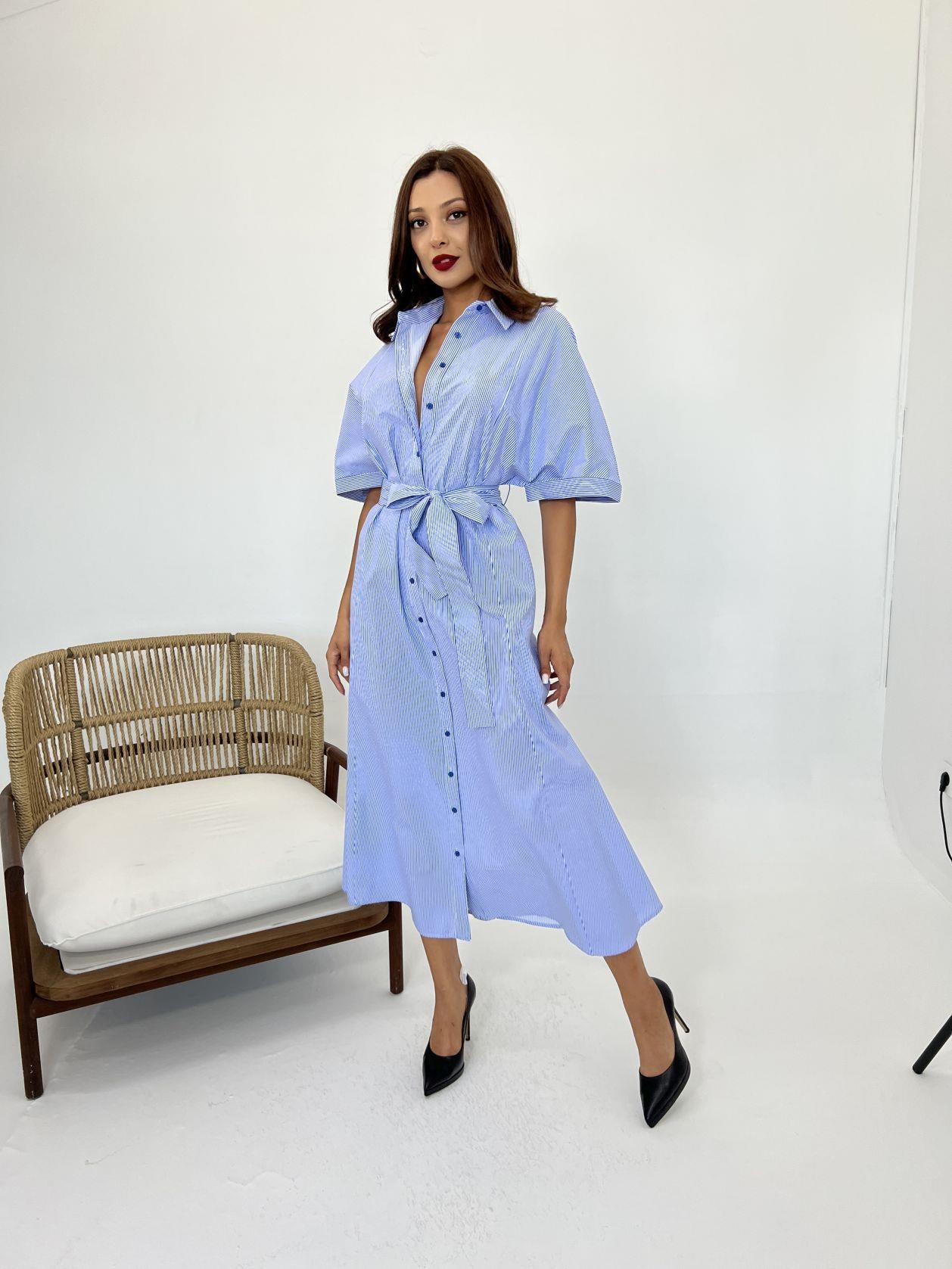 5318 ELBİSE-MAVİ BEYAZ ÇİZGİLİ