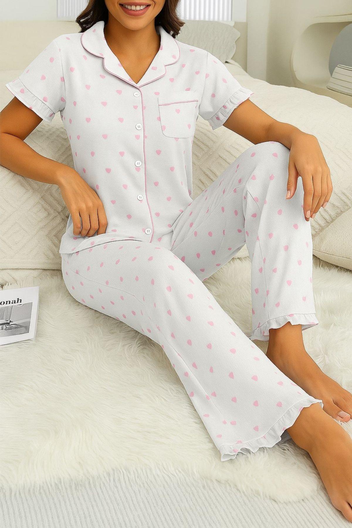 Beyaz Mini Kalp Baskılı Pinterest Pijama Takımı 7197