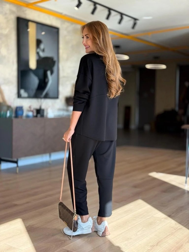 Kadın Uzun Kollu Bisiklet Yaka Viskon Iki Iplik Bluz Ve Pantolon Ikili Takım