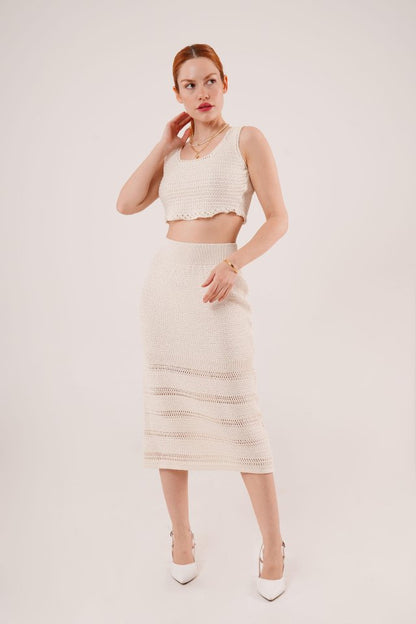Örme Detaylı Etek Ve Bluz Krem Takım