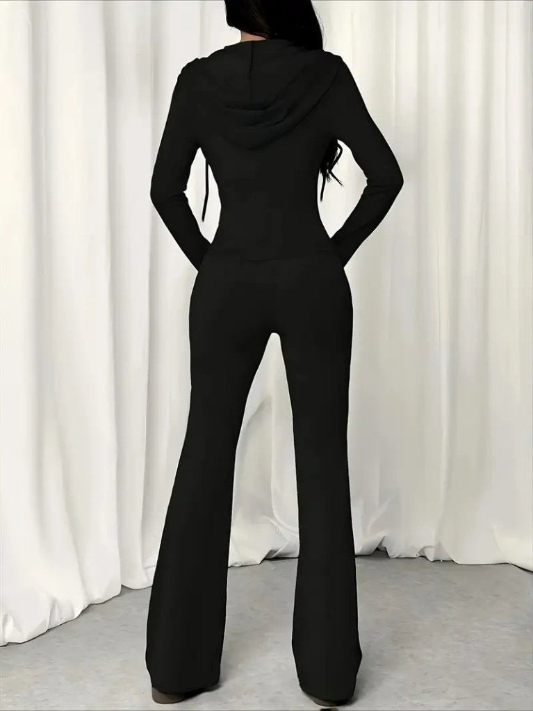 Kadın Uzun Kollu Kapşonlu Bağcıklı önü Fermuarlı Viskon Iki Iplik Bluz Ve Pantolon Ikili Takım