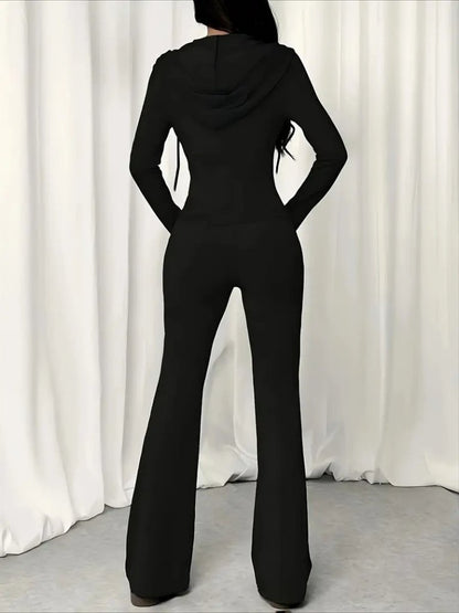 Kadın Uzun Kollu Kapşonlu Bağcıklı önü Fermuarlı Viskon Iki Iplik Bluz Ve Pantolon Ikili Takım